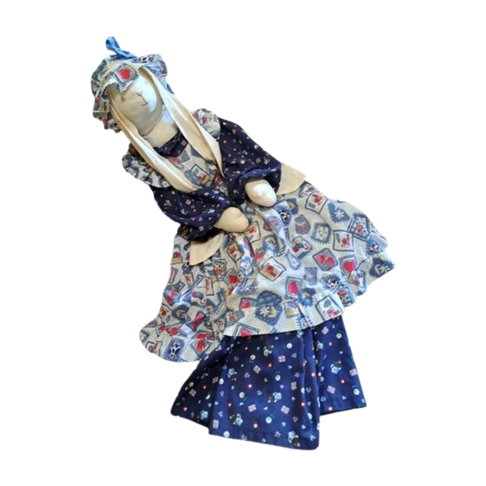 Rabbit Handmade Doll with Long Ears and a Patchwork Apron over a Navy Blue Dress - Picture 3 of 5